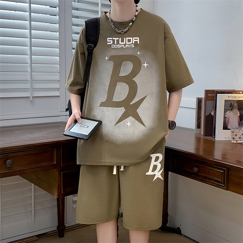新款夏季短袖t恤套装冰丝透气港风宽松青少年潮男装DF326P65控89,男装休闲套装,电商A086