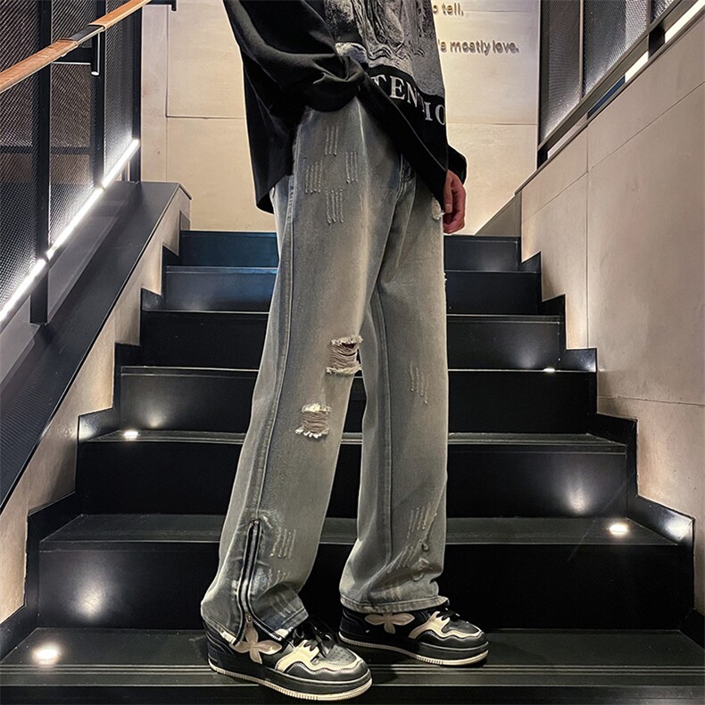 新款港风美式高街ins潮牌痞帅破洞直筒休闲牛仔裤B381-1/728P50，男装牛仔裤，电商B381-1