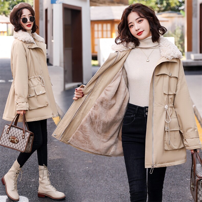 2021冬季新款时尚拼接羊羔毛翻领修身抽绳毛绒内里保暖派克服，女装派克服，菡迪欧娜