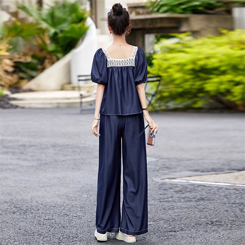 天丝牛仔套装女夏季2024新款气质一整套穿搭蕾丝上衣阔腿裤两件套,女装套装/套裙,魅影