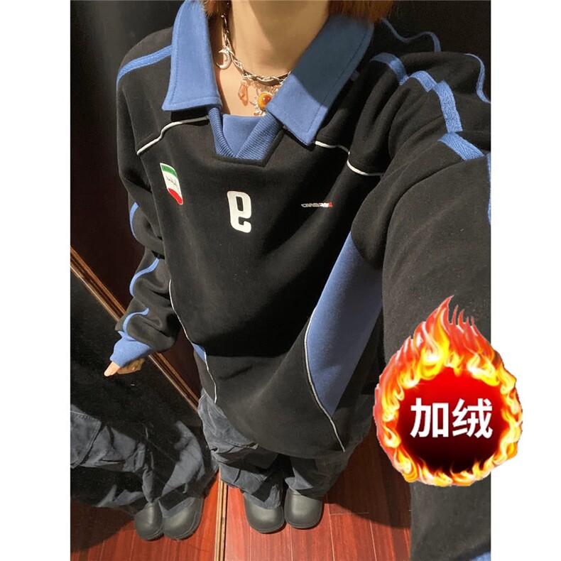【有货】DY177-P65原创美式翻领卫衣男女宽松撞色设计感加绒上衣图片