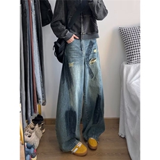 时尚美式复古灯笼廓形锥形涂鸦破洞显瘦垂感拖地男女阔腿牛仔裤潮，男装休闲裤，星座1013