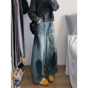 时尚美式复古灯笼廓形锥形涂鸦破洞显瘦垂感拖地男女阔腿牛仔裤潮图片