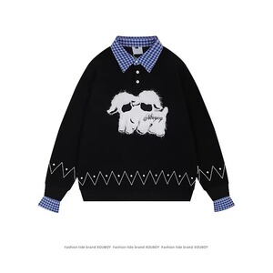 新款韩版休闲刺绣卡通狗宽松POLO领套头衫卫衣情侣上衣MM515 P58图片