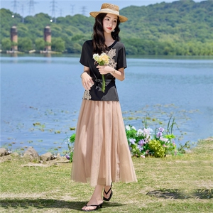 现货2026夏季新款时尚刺绣洋气潮流宽松遮肉显瘦两件套裙套装女图片