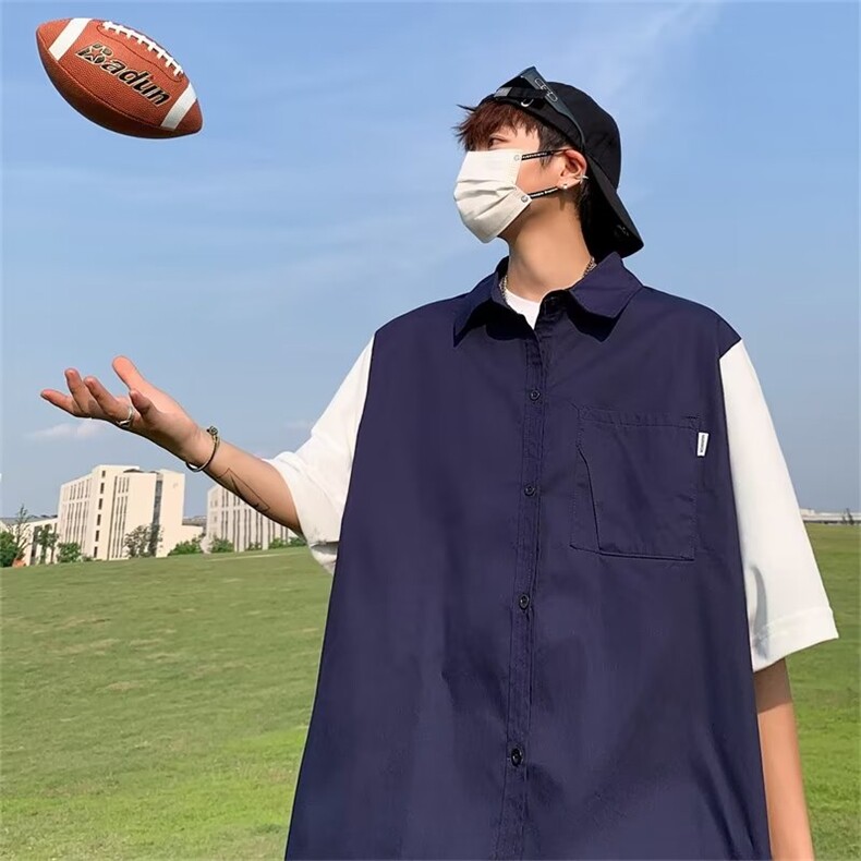 夏季新款衬衫潮流慵懒男方领纯棉袖口假两件衬衫YC311 P36图片
