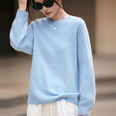 韩系无缝一线拉绒羊毛衫女宽松慵懒毛衣25秋冬圆领保暖打底衫上衣，女装羊毛衫，九嘉羊绒