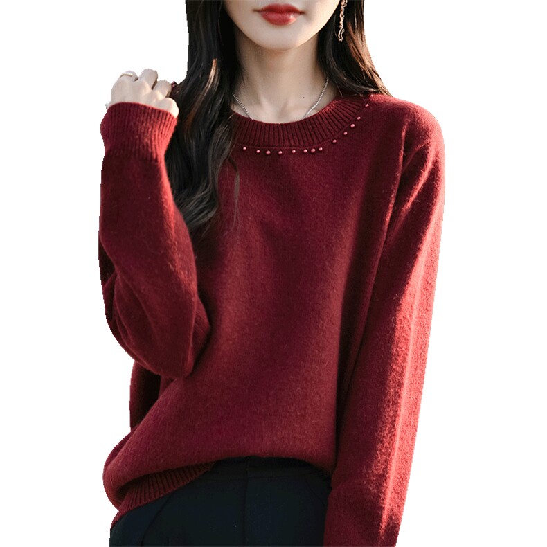 2024秋季新款时尚设计钉珠圆领针织衫女加厚软糯打底毛衣显瘦内搭,针织衫/毛衣,佳绒包芯纱店