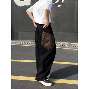 美式高街蛇纹大口袋牛仔裤男秋季vibe潮牌水洗宽松休闲阔腿弯刀裤图片