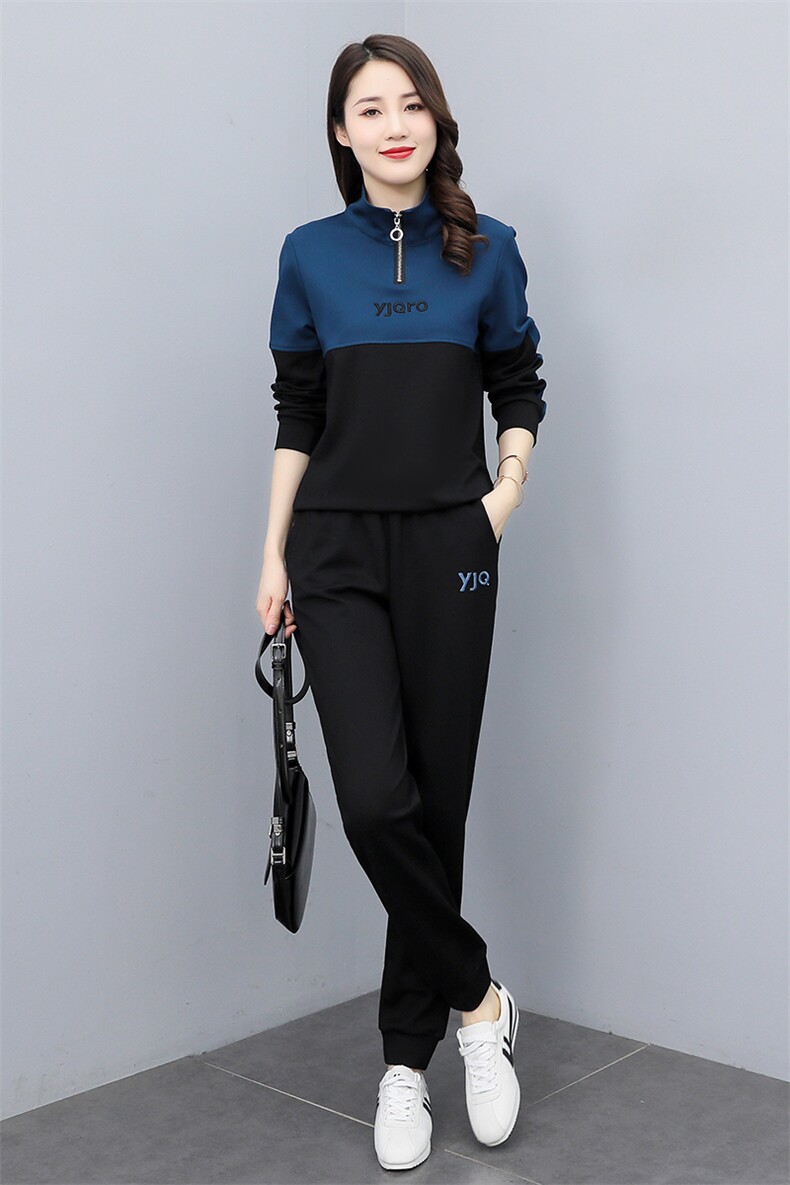 运动服套装女2024新款秋季休闲拼接撞色显瘦长袖卫衣卫裤两件套,女装套装/套裙,雅佳俏