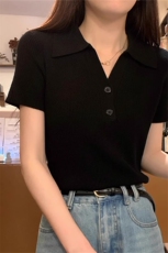 POLO领短袖套头修身型纯色气质简约针织衫，女装针织衫/毛衣，斯美雅安迪绒