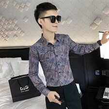 312A-285-P55秋季新款社会精神小伙衬衫韩版潮流复古时尚衬衣A，男装衬衫，星座312A