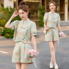 2025年新款木耳边新中式短裤套装女夏改良旗袍气质两件套，女装套装/套裙，橙子家