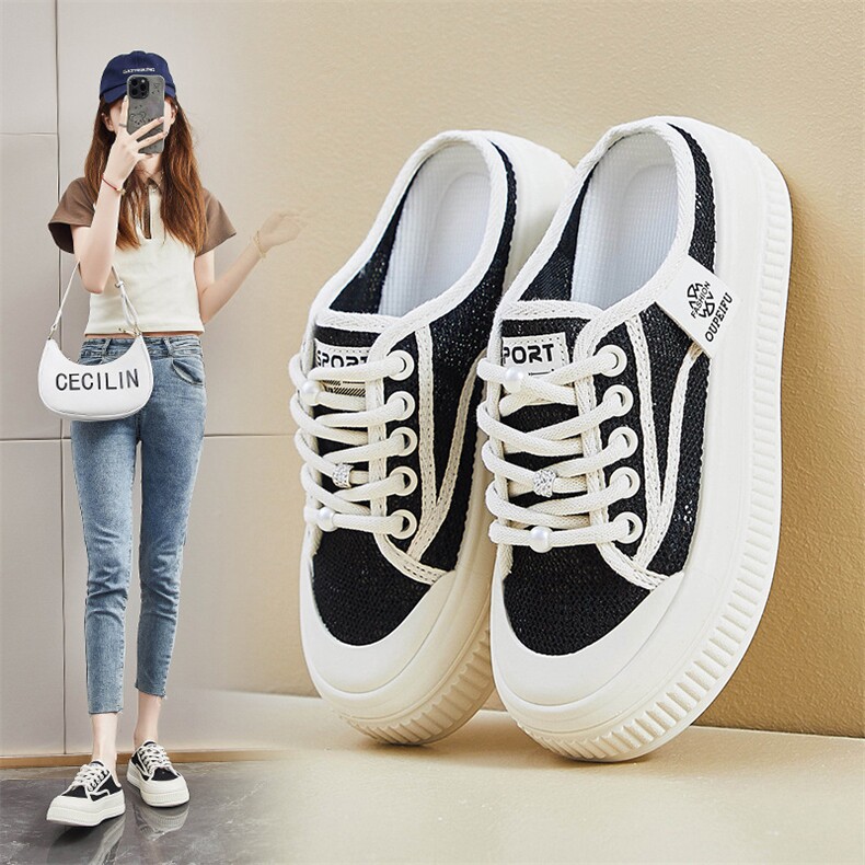 2024夏季网面半托帆布鞋新款女学生增高运动板鞋休闲鞋女拖鞋，女鞋拖鞋，电商A223