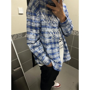 蓝色扎染刺绣格子长袖衬衫男款夏季美式高街潮牌衬衣运动防晒外套图片