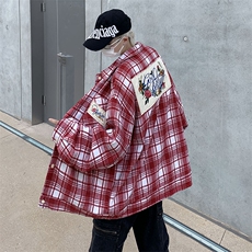 拼色设计感格子毛呢刺绣长袖衬衫男女宽松潮流春秋外套CS0011-P50，男装衬衫，星座308B-1