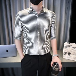 夏季男士七分袖条纹衬衫男休闲修身休闲衬衣A236-C665-P58图片