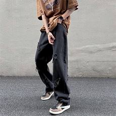 美式街头十字架牛仔裤男夏季高街ins潮牌hiphop炸街拖地裤子薄款，男装牛仔裤，星座1008-1