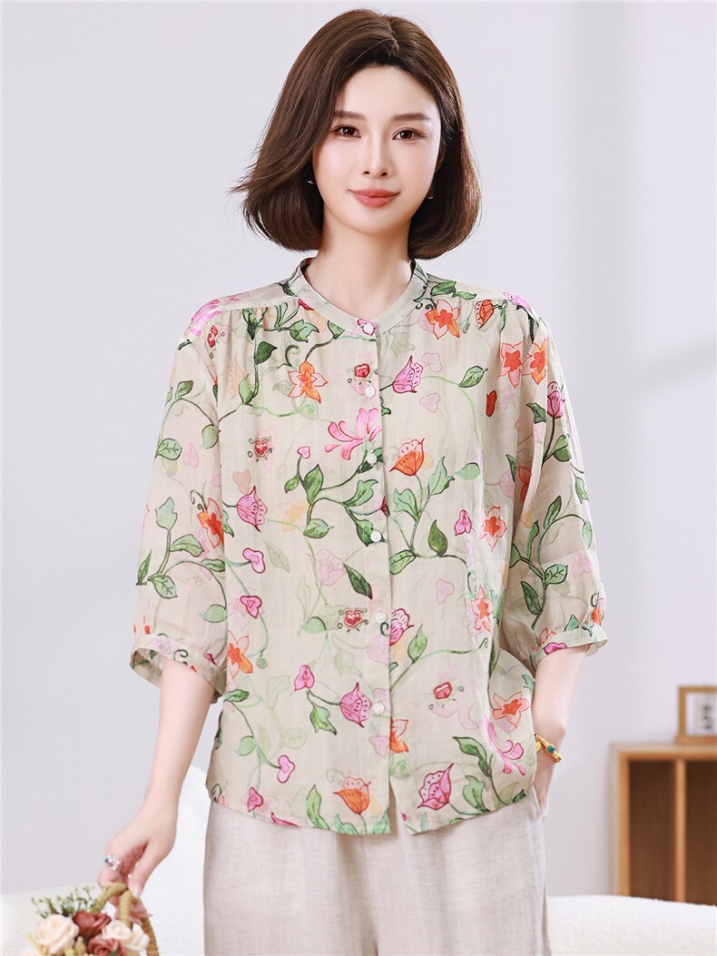苎麻印花衬衫2026女夏季薄款透气中袖上衣中年妈妈宽松减龄,女装衬衫,忆绮罗
