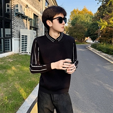 店主风小伙翻领假二件拼接针织长袖毛衣男打底衫301A-1/M60/P75，男装T恤，星座301A-1