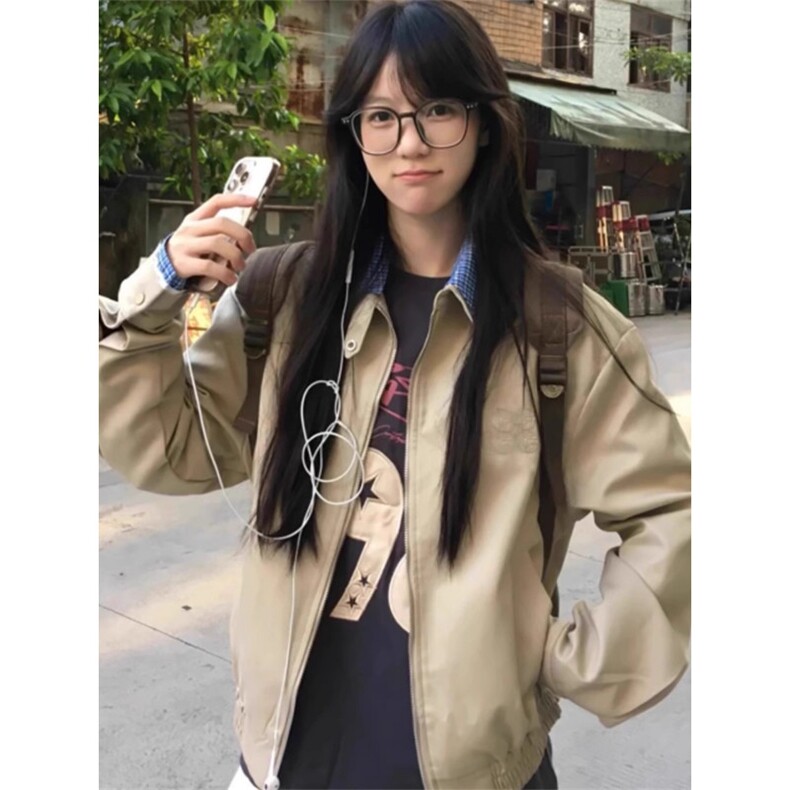 卡其色正肩卫衣外套女棒球服夹克早秋季穿搭美式宽松，男装夹克，星座506A