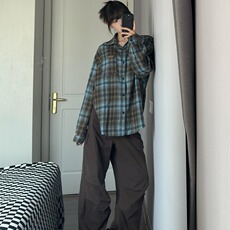 长袖格子衬衫男女少年感穿搭日系复古高街潮牌休闲衬衣外套情侣，男装衬衫，星座506A
