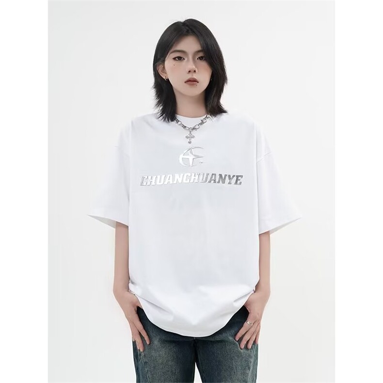 水洗做旧字母印花美式高街短袖t恤男女款2025新款情侣装上衣潮牌,男装T恤,星座1210-1
