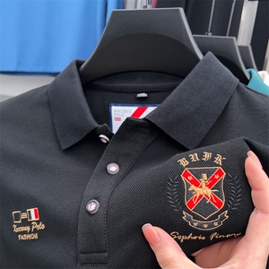 长袖T恤2023春秋季男士纯色男装商务休闲Polo衫带翻领条纹上衣服图片