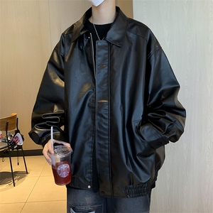 A812-P66 秋季皮衣外套男款美式潮牌翻领宽松pu皮拼接机车服夹克图片