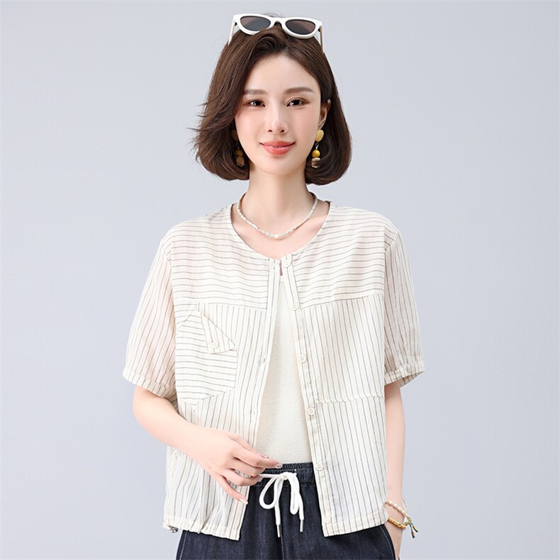纯棉薄款衬衣中袖夏季新款韩版竖条纹短袖衬衫女清新气质减龄上衣，女装衬衫，叶笙衣
