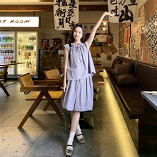 俏皮减龄紫色系带领无袖上衣套装女2025夏甜美短款花苞裙裤两件套，女装套装/套裙，2C206
