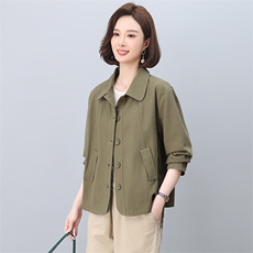中年妈妈纯棉风衣外套女短款2025春秋新款小个子宽松大码夹克上衣，女装短外套，忆绮罗