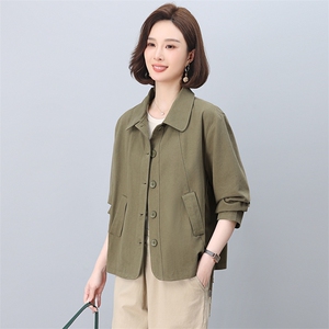 中年妈妈纯棉风衣外套女短款2025春秋新款小个子宽松大码夹克上衣图片