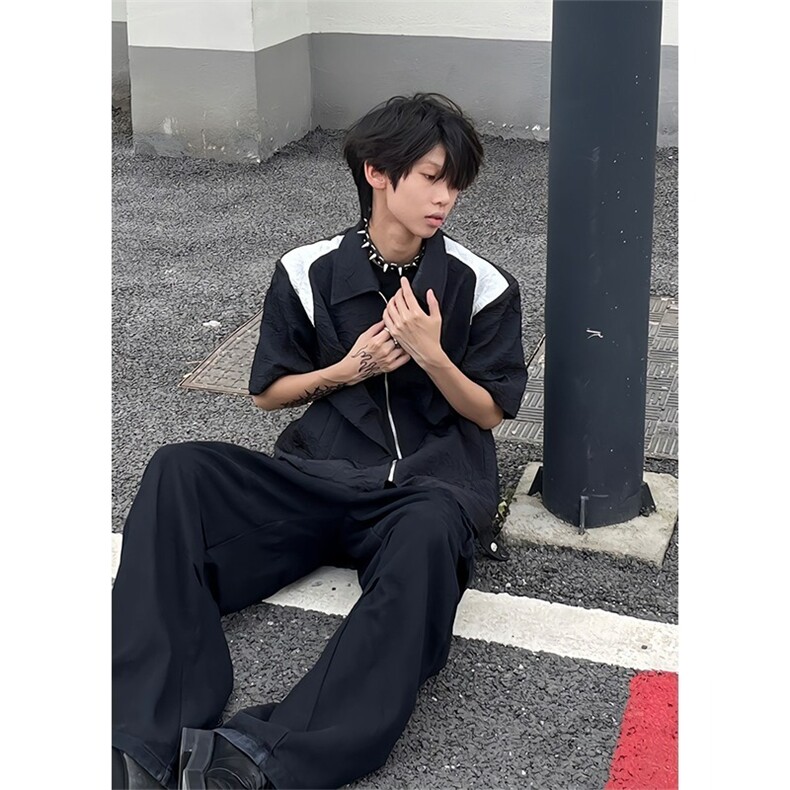 1506/Q22750/P51撞色拼接cleanfit短袖衬衫男垫肩褶皱半袖衬衣,男装T恤,星座1506