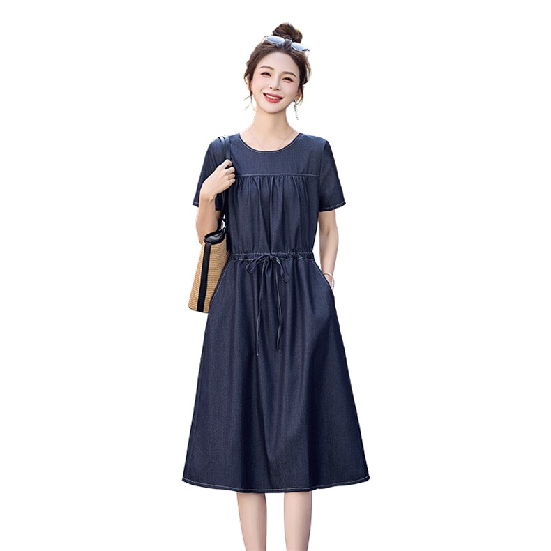 短袖休闲天丝牛仔连衣裙女2024夏季新款韩版薄款收腰显瘦中长裙子,女装连衣裙,姿衣坊