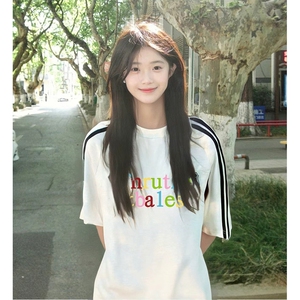 抖音得物高品质二开240克宽松纯棉美式潮牌三条杠织带短袖T恤图片