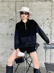 2021秋季新款拼接款翻领拉链款针织卫衣,女装卫衣/绒衫,微迪菲