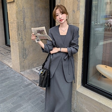 灰色轻熟风西装套装裙女2024秋季新款高级感吊带裙气质显瘦两件套，女装套装/套裙，2C269