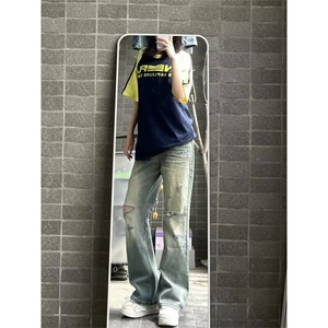 D8262-P48新款2025夏季男女时尚潮牌破洞牛仔裤-网图现货图片