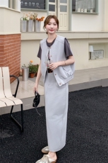 美式复古风穿搭浅蓝色马甲T恤配牛仔裙女夏2025年超火长裙三件套，女装套装/套裙，2D078