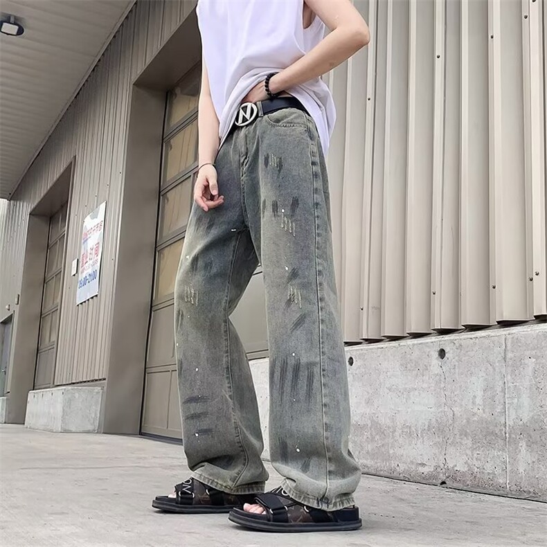 高街vibe泼墨涂鸦牛仔裤男秋冬季设计感小众潮牌宽松直筒阔腿裤子,男装牛仔裤,星座1210-1