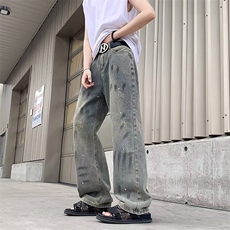 高街vibe泼墨涂鸦牛仔裤男秋冬季设计感小众潮牌宽松直筒阔腿裤子，男装牛仔裤，星座1210-1