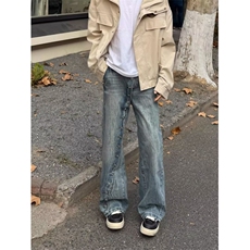 水洗斜门纽扣直筒牛仔裤设计感小众宽松休闲百搭阔腿NN9047，男装牛仔裤，星座516A