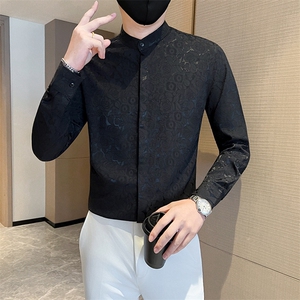 黑 社会小伙店主风提花立领长袖衬衫301A-1/CS503/P55图片