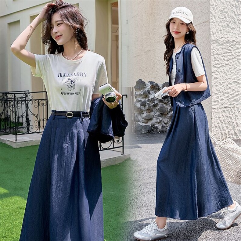 2025夏季新款马甲时尚牛仔套装短袖洋气减龄遮肉显瘦半身裙三件套，女装套装/套裙，美沁