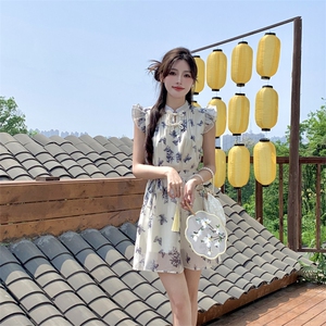 新中式风印花盘扣飞飞袖小个子连衣裙女2C276-L3499-P105-K155图片