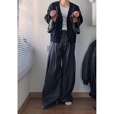 美式复古灰色褶皱西装裤男女2025春街头中性风松弛感宽松阔腿长裤，男装西服套装，星座601-1