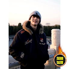 现货高品质美式高街重磅刺绣座山雕大毛毛领棉衣男女加厚棉服外套，男装棉衣，电商A486-1