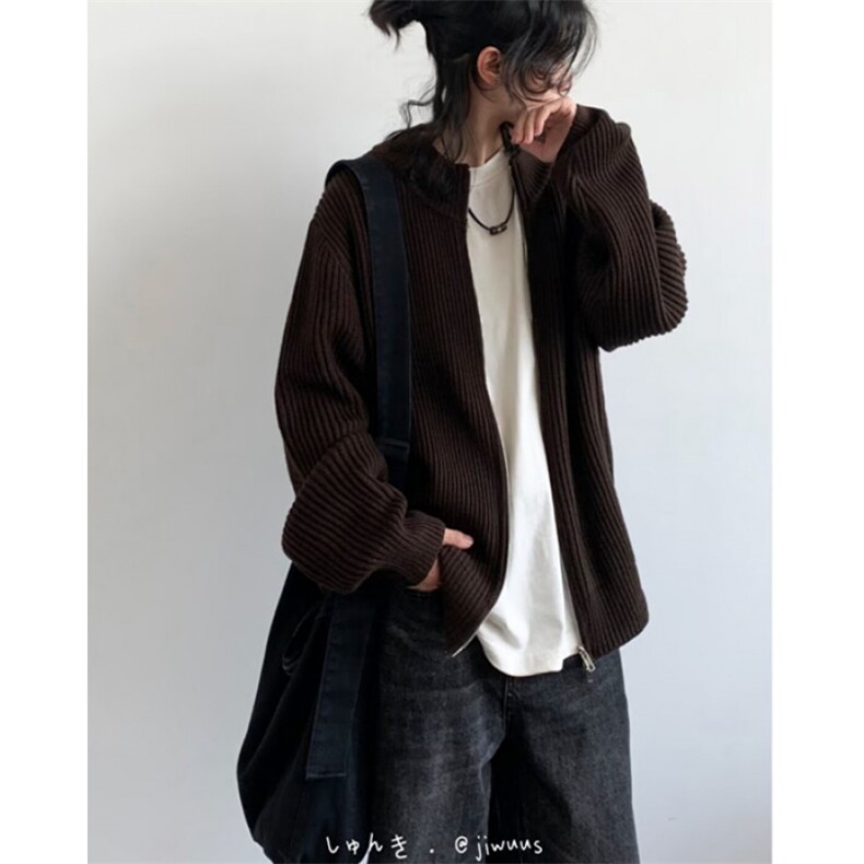 秋日系ins风复古纯色针织衫男女宽松休闲双拉链开衫毛衣M28，男装针织衫/毛衣，星座1116A（原606A-3）