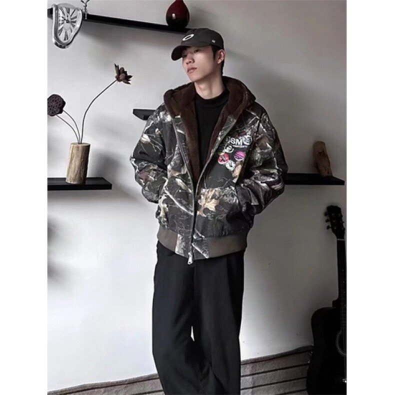 连帽牛仔棉服男女重磅迷彩树枝座山雕加绒加厚夹克外套JK64,男装夹克,星座1116A（原606A-3）